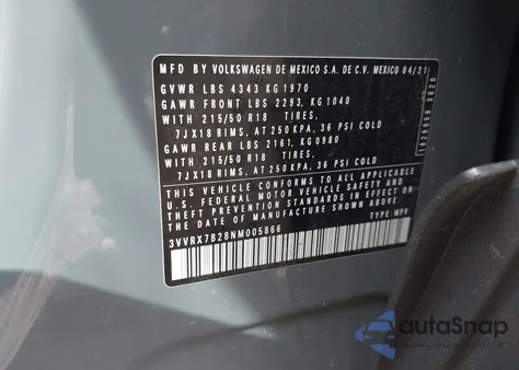 2022 Volkswagen Taos 1.5T Se from USA, damaged, VIN 3VVRX7B28NM005866